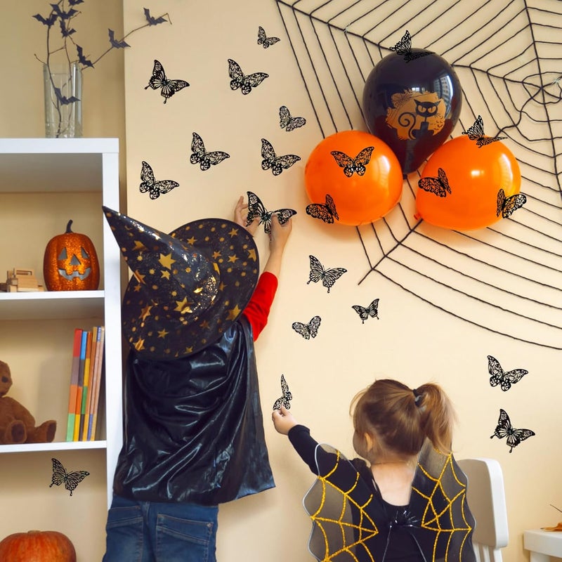 DELEMI 60 Pcs 3D Black Butterfly Halloween Wall Decor, 5 Styles 3 Sizes,Butterfly Cake Birthday Party Shower Decorations Iridescent,Metallic Room Mural Wall Stickers(Sequined Black) - Image 4